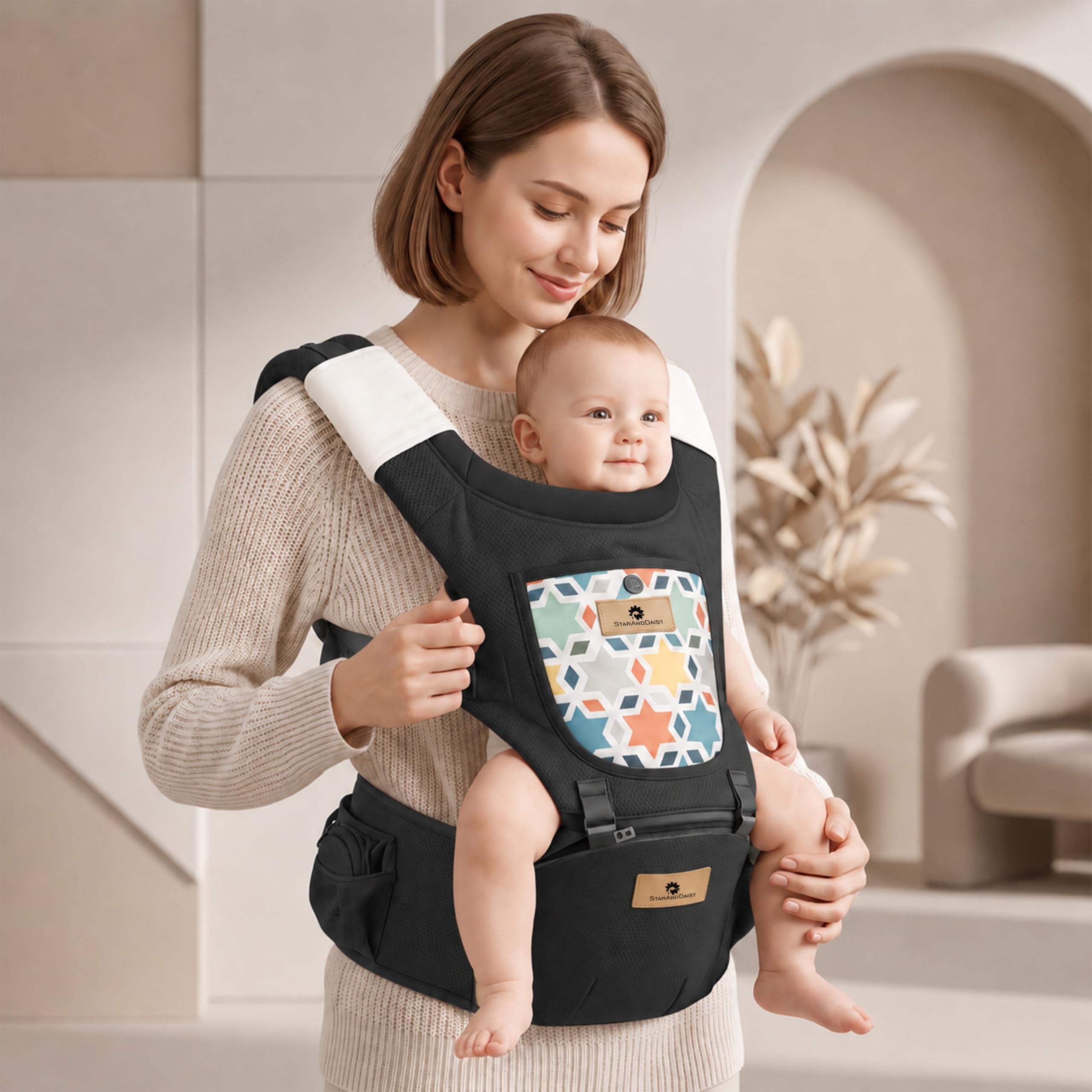 StarAndDaisy 4-in-1 Baby Carrier for 0 to 3 Year Baby/Kangaroo Bag with Comfortable Soft Hip Seat/Baby Carrier - 2 Storage Pockets, 4 Carrying Positions (Black)-image-28
