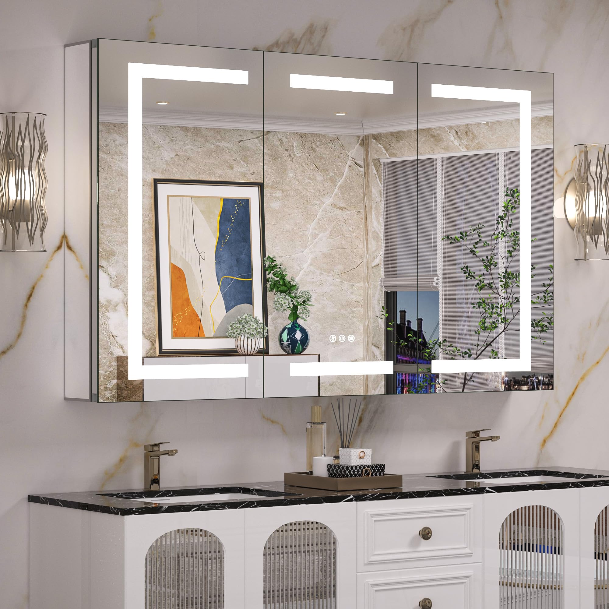 Keonjinn 48 x 32 Inch LED Medicine Cabinet Mirror for Bathroom with Electrical Outlet, Frontlit Light Anti-Fog 3 Colors Temperature Dimmable Recessed Wall Mount for Bathroom Vanity and Modern Decor