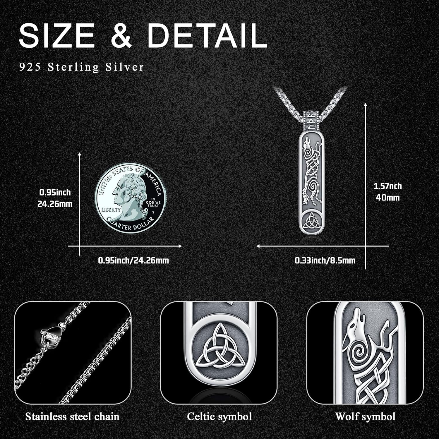 Vintage Bar Necklace 925 Sterling Silver Nordic Viking Runes Pendant Protection Amulet Jewelry for Men Women - Image 3
