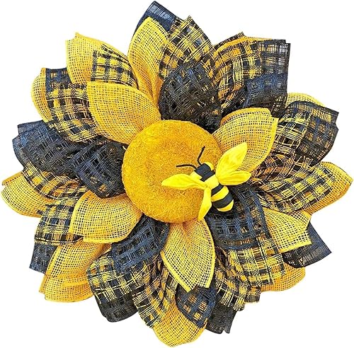 Ujicde Corona de abeja de verano para puerta delantera, girasol artificial para colgar en la pared, coronas decorativas de abeja para puerta