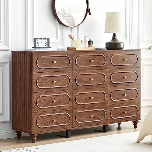 ORRD 12 Drawer Fluted Dresser for Bedroom, Mid Century Modern Chest of Drawers, Wood Storage Small Dresser Organizer for Bedroom Living Room Hallway Closet, Walnut