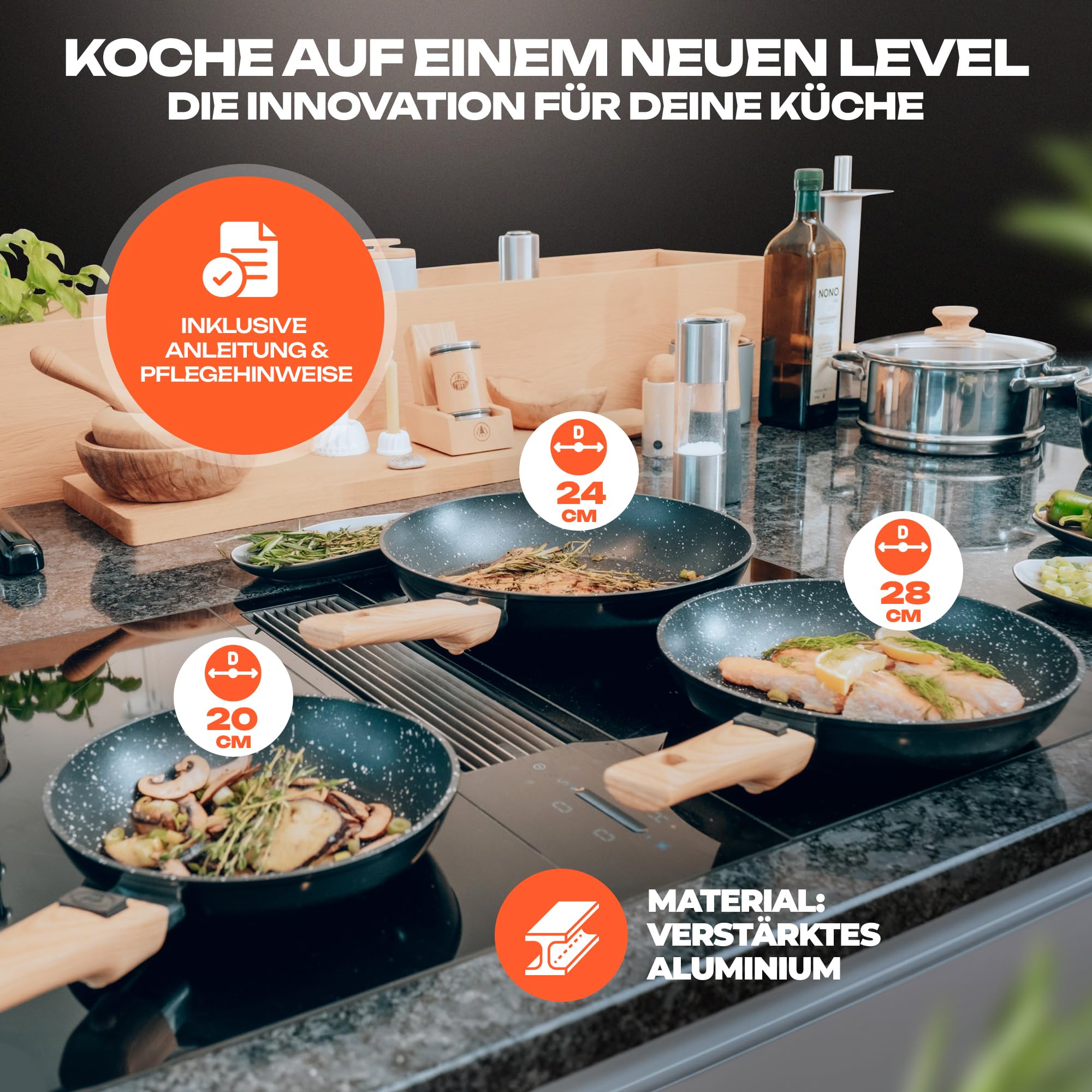Pfannenset 3-teilig, Pfanne 20, 24, 28 cm, [Abnehmbarer Griff] Antihaft Beschichtete Bratpfanne Induktion, PFOA-Frei Induktionspfanne, geeignet für alle Herdarten