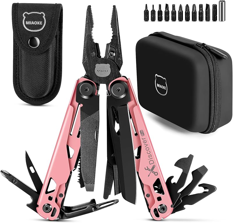 Multiherramienta 23 en 1 con caja de regalo premium, geniales gadgets para hombres (rosa coral) | Incluye destornilladores, sierra, destornilladores, abridor de botellas, alicates, cuchillo para acampar, el mejor regalo para novio, hijo, papá, marido