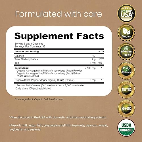 Miniatura 2 de 100 cápsulas de vegetarianas Organic Ashwagandha de 10.0106 oz, 100% puro extracto orgánico de raíz y polvo de Ashwagandha