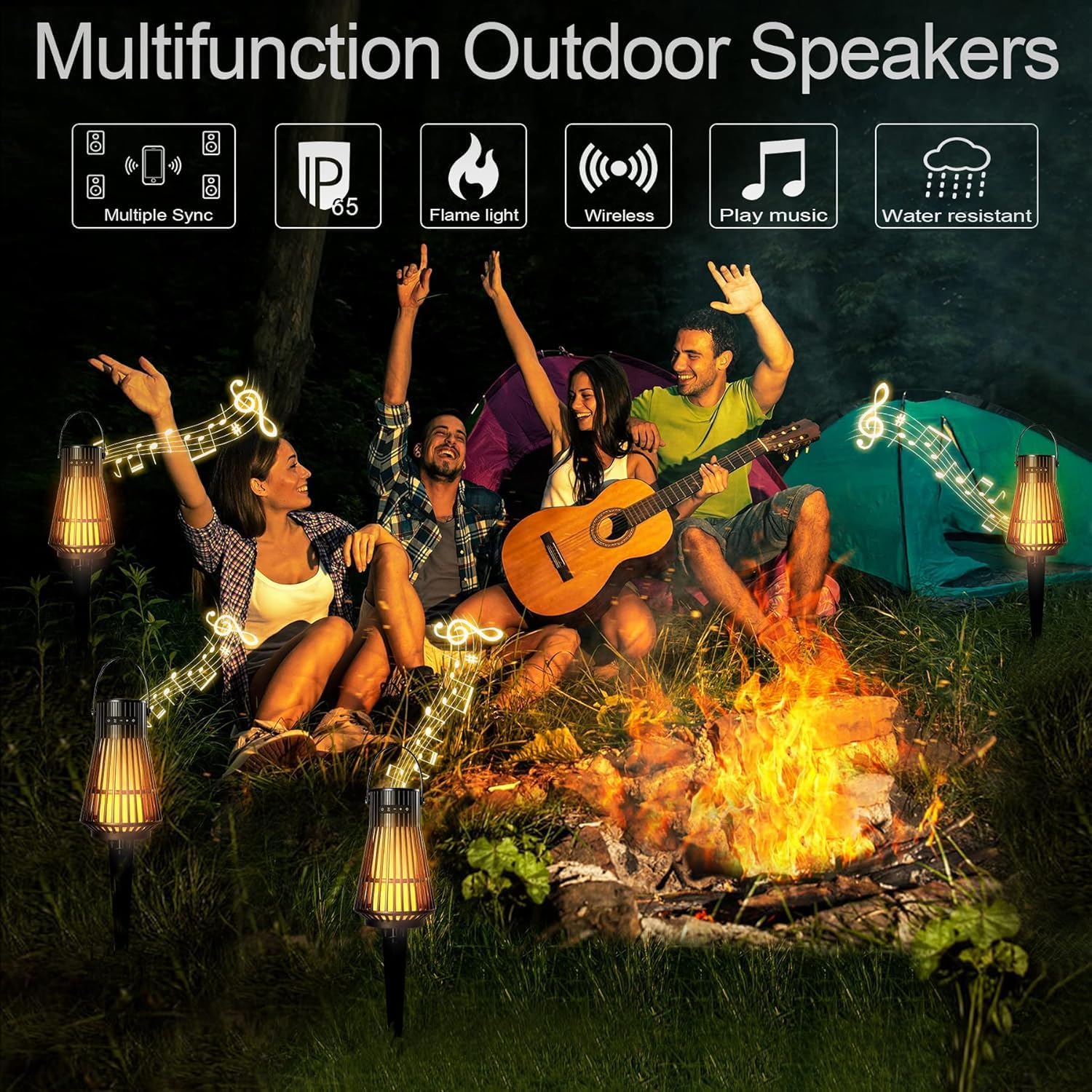 NUNET Outdoor Stereo System Bluetooh Lantern Speakers, Sync Multiple Wireless Speakers, 10W Surround Sound IPX5 Waterproof, Rechargeable LED Flame Effect Tiki Torch Decor for Patio/Yard 2 Pairs