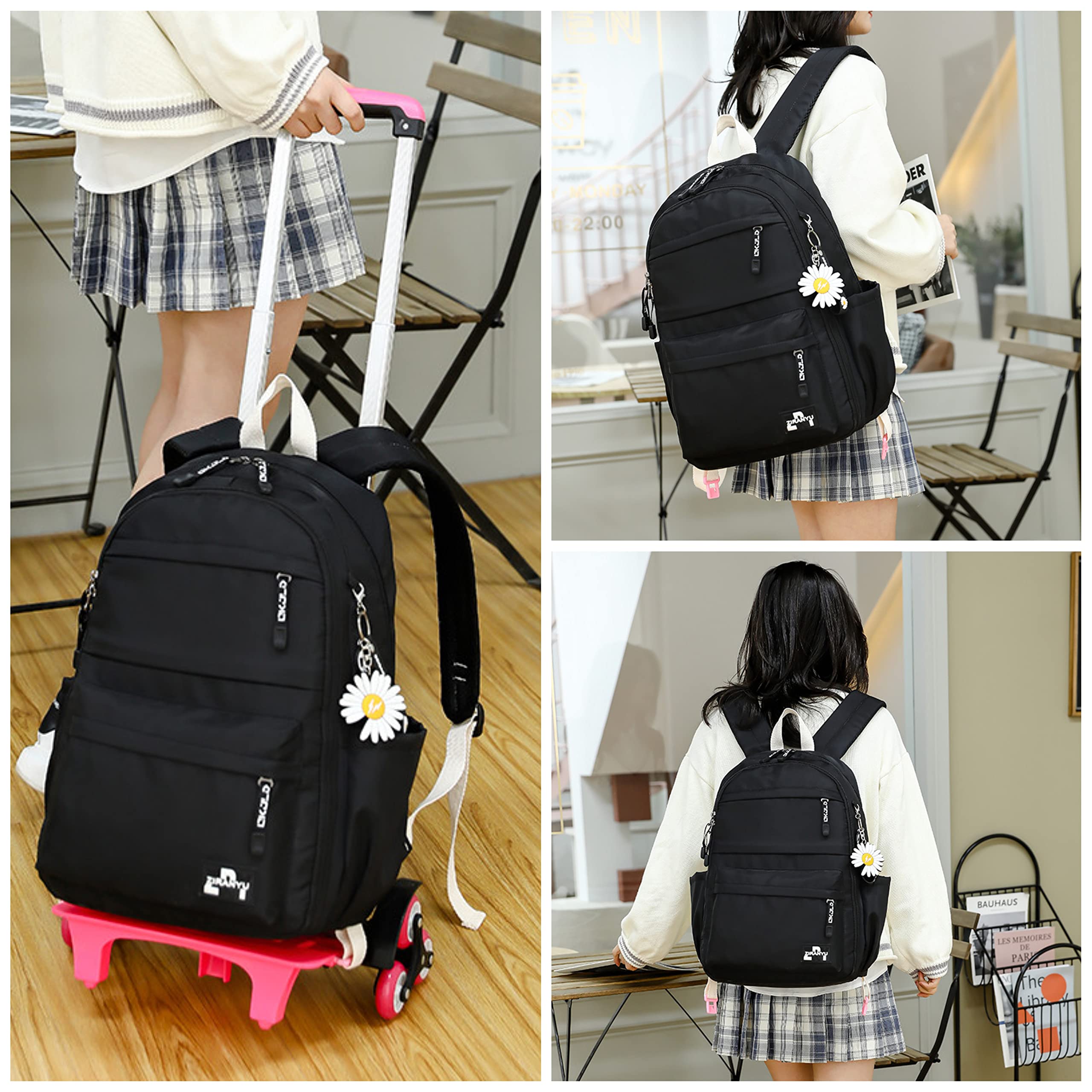Tanou Cartable a Roulette Fille, 16 Pouces Légers Sac a Roulette Fille Primaire, Détachable Cartable roulettes Enfant pour Voyages Scolaires, 7-12 Ans, Noir