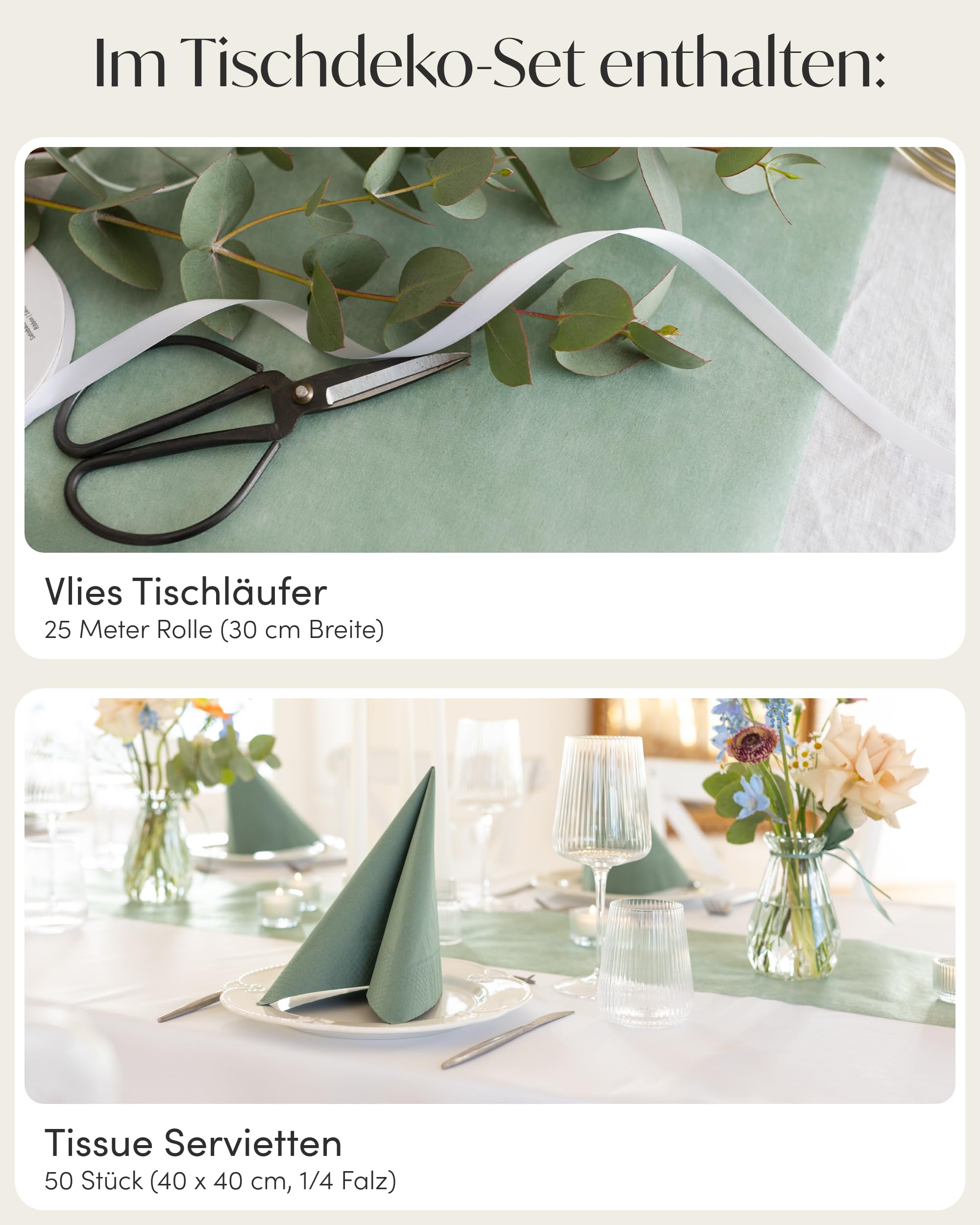 100%Mosel Tischdeko-Set – Eukalyptus Grün (25–50 Gäste) Tischläufer & Tissue Servietten für Taufe, Kommunion, Konfirmation, Hochzeit & Geburtstag – Praktisches Set für besondere Anlässe