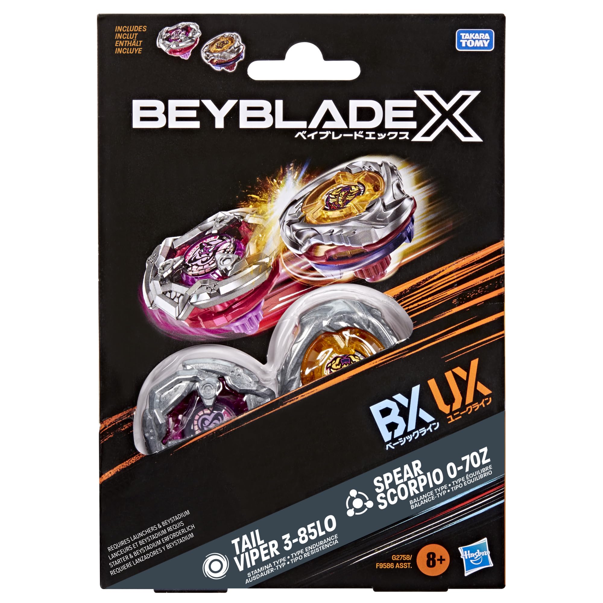 Beyblade X, Spear Scorpio 0-70Z UX y Tail Viper 3-85LO Bx, Pack Doble Takara Tomy con 2 Tops de rotación Derecha, Juego de Tops de Batalla, A Partir de 8 años