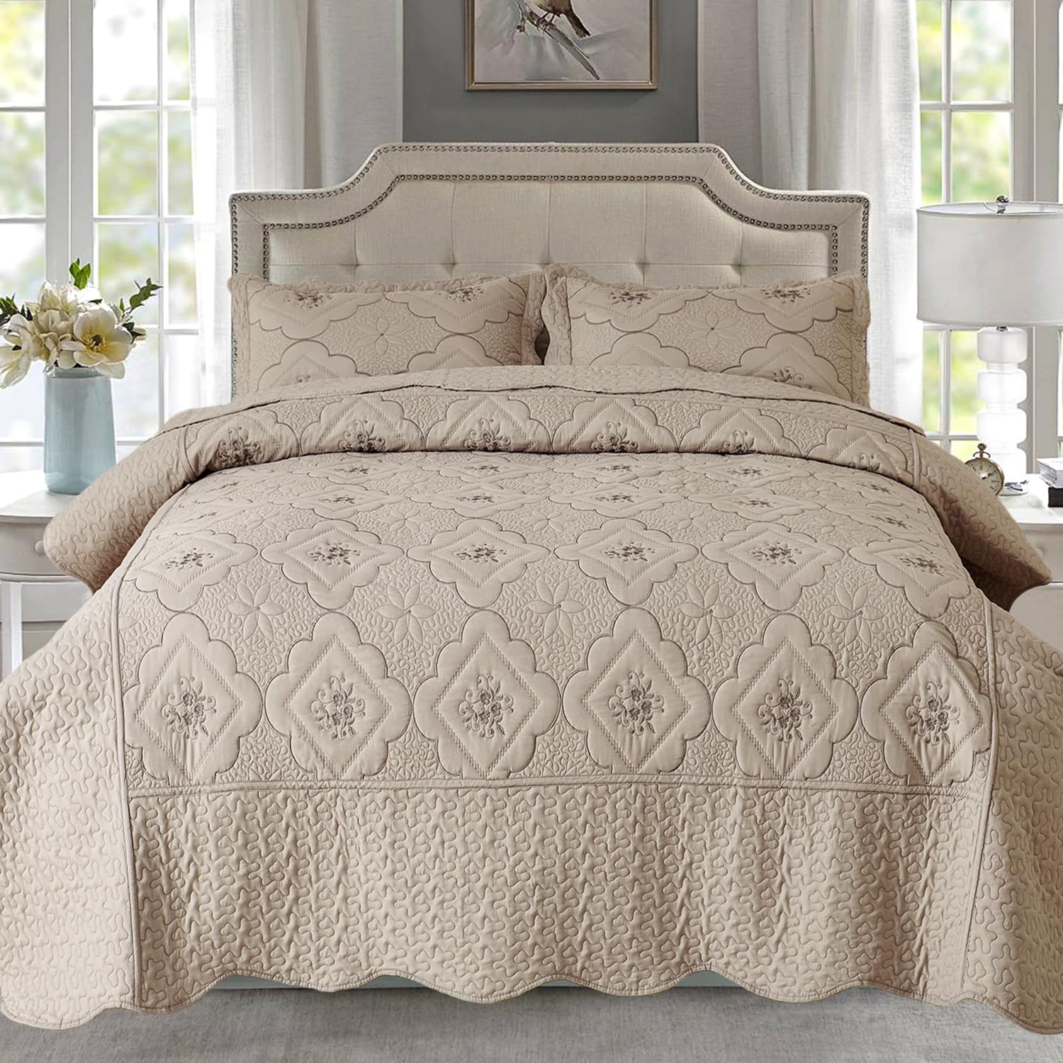 Photo 1 of Cmfshape Floral Embroidery Quilt Set - King, Taupe