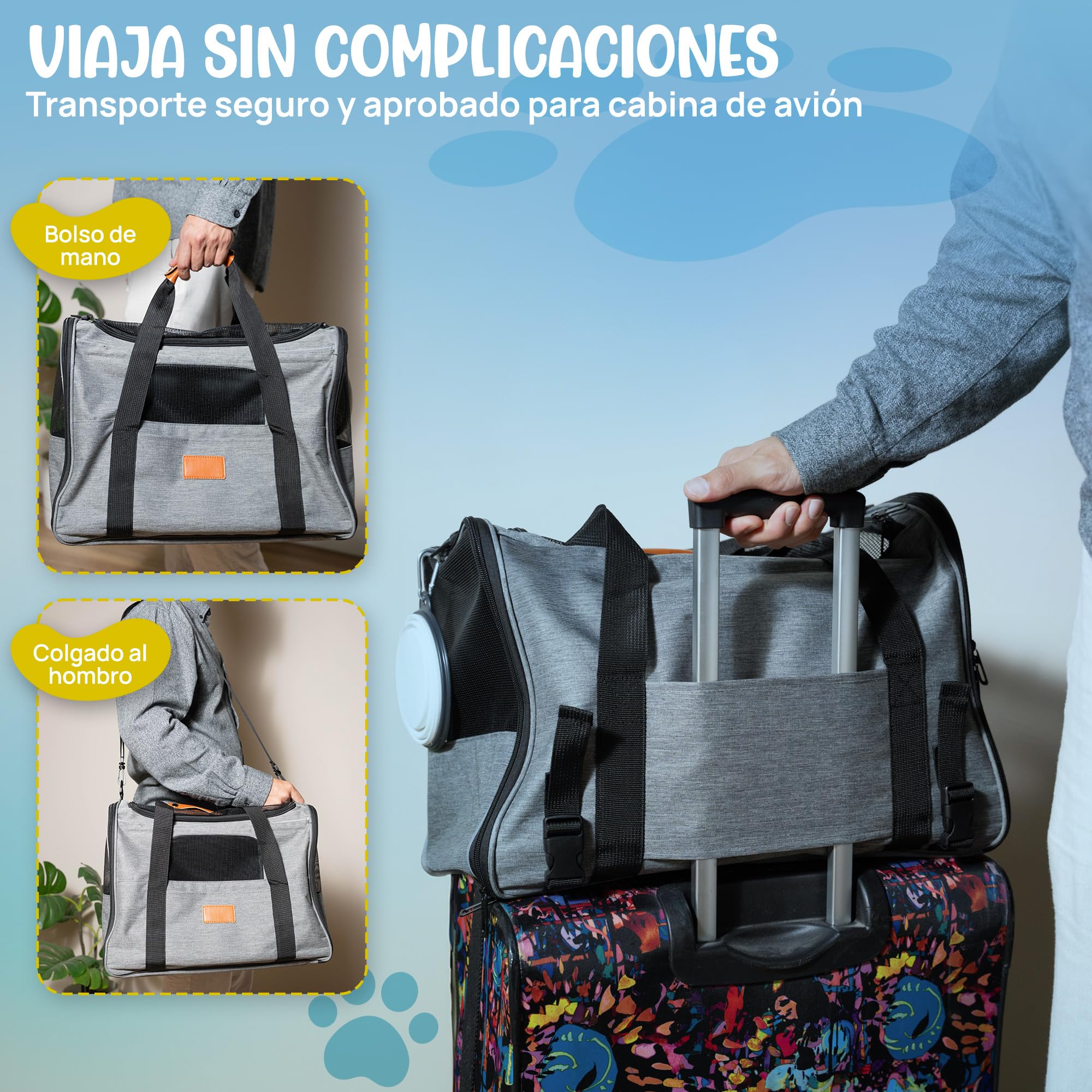 Transportin Gato y Perro - Transportin Perro pequeño y Gato Que Incluye Bebedero Plegable, Manta, Correa para el Hombro y Base Acolchada - Plegable y homologado para el avión.