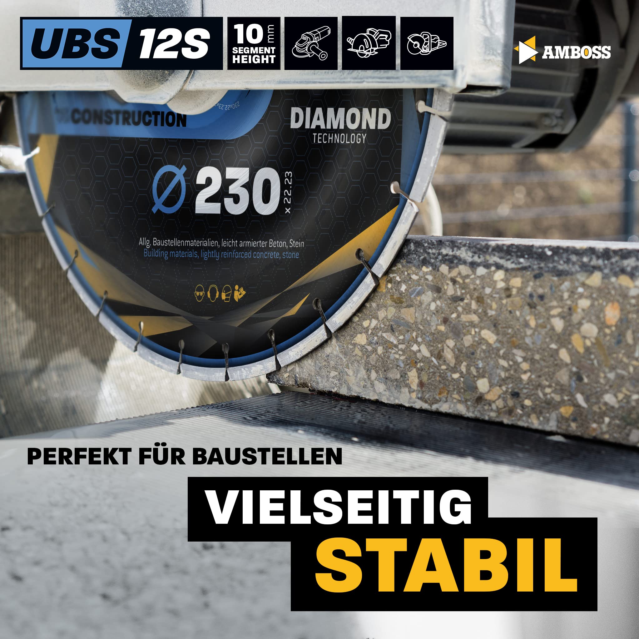 Amboss UBS 12S "Standard" - Disco da taglio diamantato, per cemento/pietra, diametro & foro a scelta, altezza segmento: 10 mm (sinterizzato), Ø 350 mm x 25,4 mm, 1