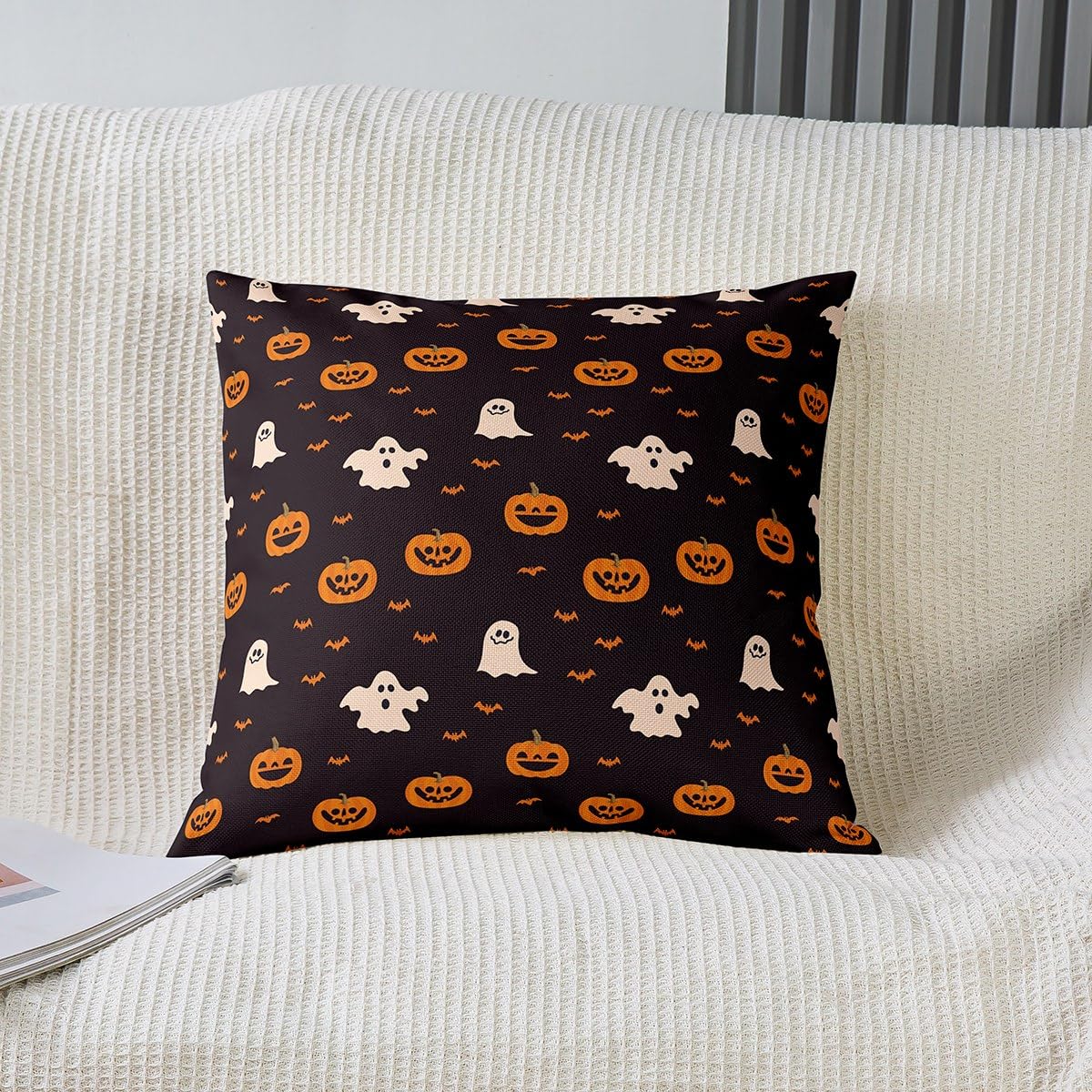Loussiesd Set di 2 federe decorative per cuscini a forma di zucca, 60 x 60 cm, morbide federe decorative per Halloween, motivo: zucca, lanterna, federe per cuscini fantasma