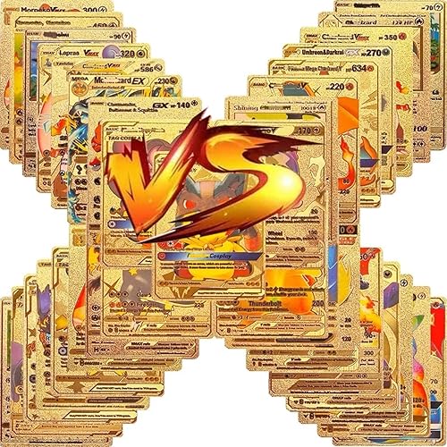 55 PCS Gold Cards Packs Vmax V EX GX Rare Golden Cards Deck Box Gold Foil Card for Fans/Kids/Collectors Gifts (No Duplicates) (Gold-1)
