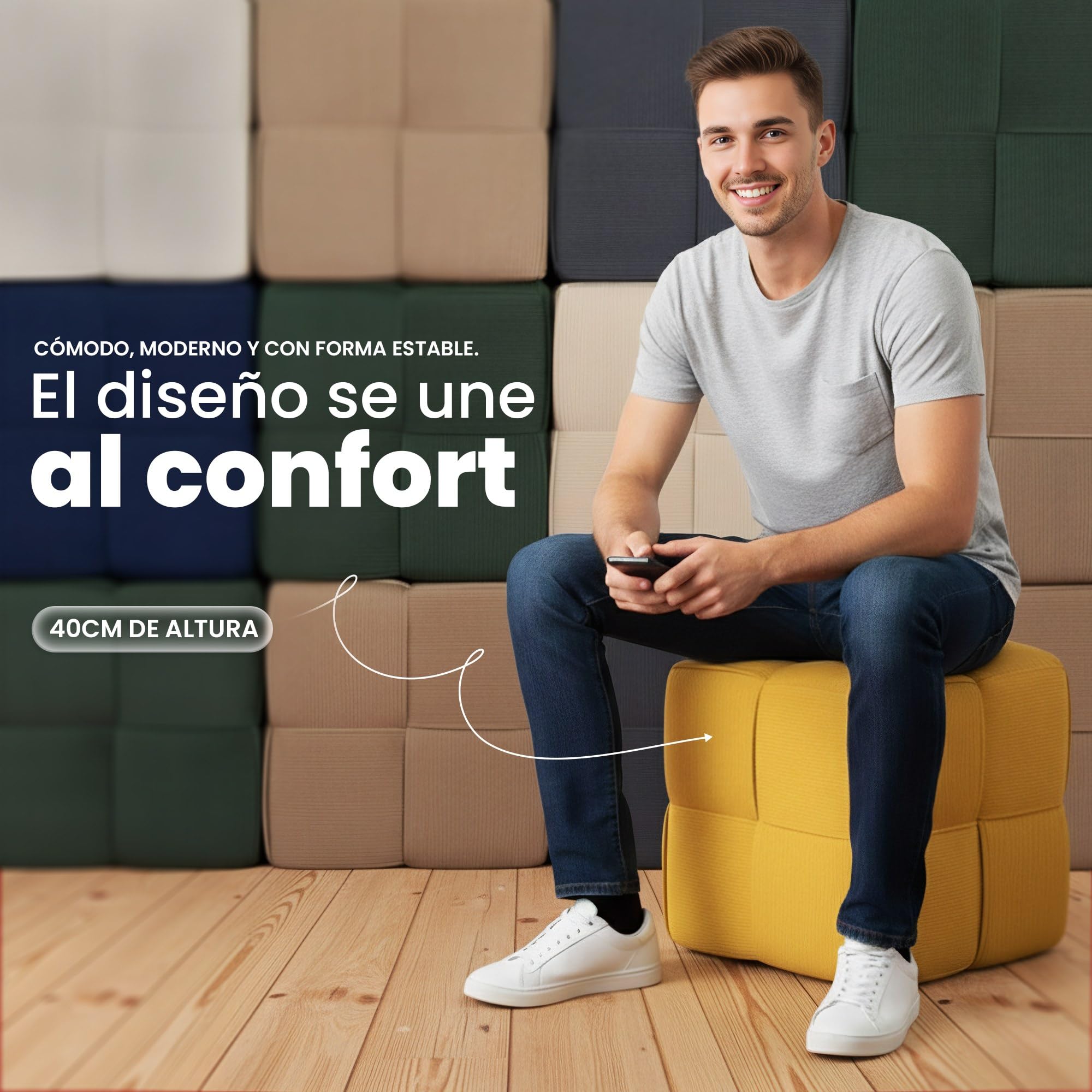 CLP Puff Forinta de Pana, Cuadrado Acolchado, diseńo Moderno Beige, cómodo y Estable para salón y Dormitorio, Color:Crema