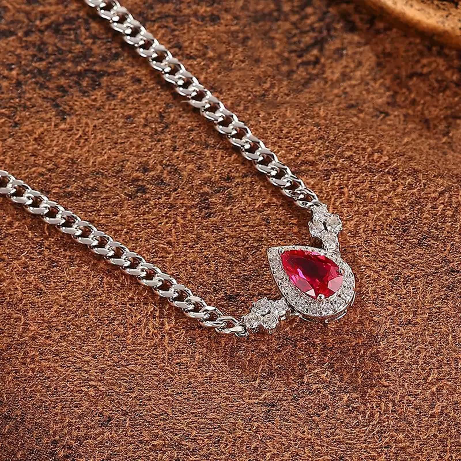 Pulsera Mujer de Oro Blanco de 9Kilates / 14Kilates / 18Kilates, Gota de Agua con Rubí Creado de 1,2 ct y Moissanita, Cadena Extensible 16 CM + 5 CM, Pulseras de Ajustable Mujer Plata Rojo