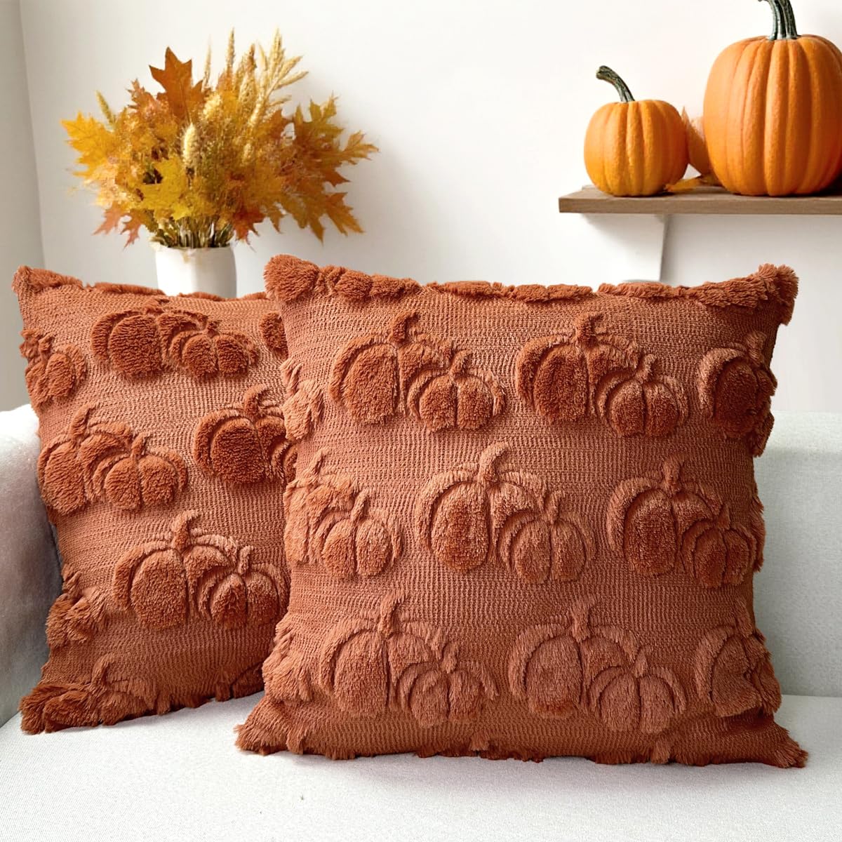 Booque Valley Fall Decorative Pillow Covers Set of 2 20"x20" Soft Plush Faux Fur Wool 3D Rust Pumpkin Throw Pillowcases for Autumn Thanksgiving Harvest Decor, Rust Red