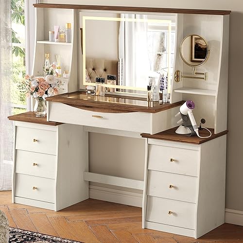 STO'SENSE Makeup Vanity Desk w/Mirror & Lights, 54" Large Vanity Table w/Glass Top, RGB Drawer, 𝐌𝐚𝐠𝐧𝐢𝐟𝐲𝐢𝐧𝐠 𝐌𝐢𝐫𝐫𝐨𝐫&Power Outlet,Make up Desk w/3 Shelves&7 Drawers,Dressing Table,White