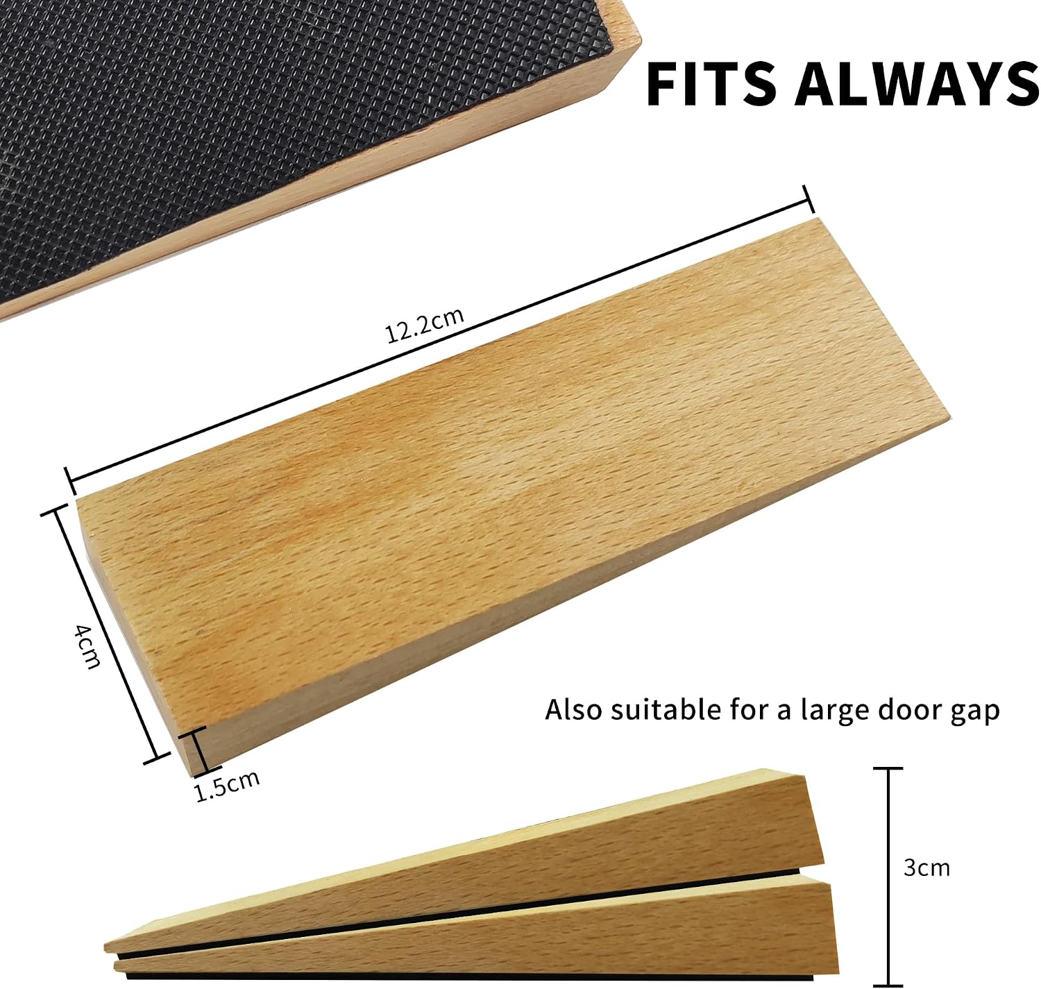 2-Pack Wooden Door Stops with Non-Slip Rubber – 0.6" Thick, 4.7" Long Wedges for All Doors & Floor Surfaces - 6