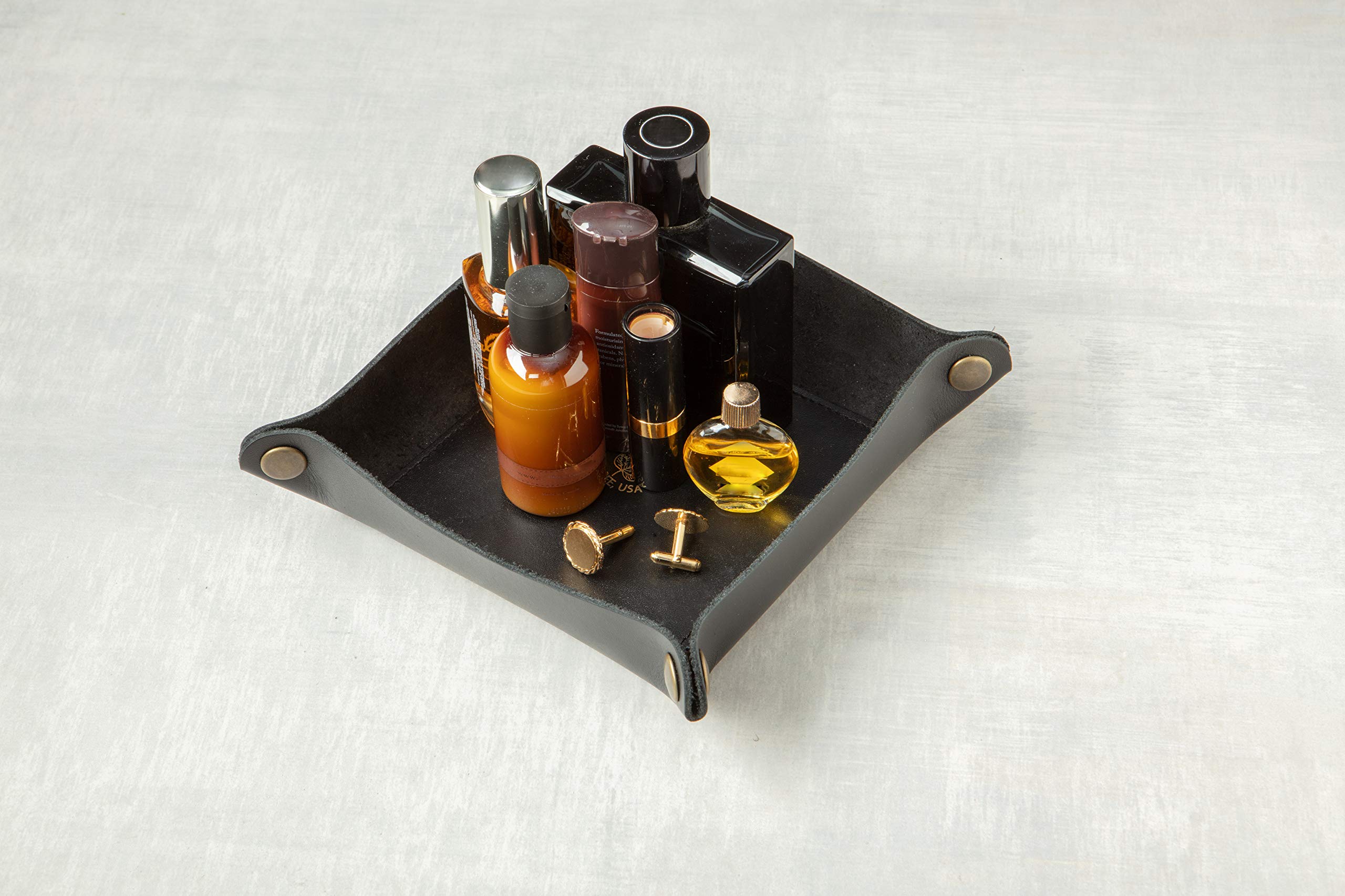 USA Handmade Premium Leather Valet Tray, składany na płasko! Koszyk na kółkach i organizer z mosiężnymi zatrzaskami, na prezenty ślubne lub w podróż, wzmocniona podstawa, na klucze, organizer do