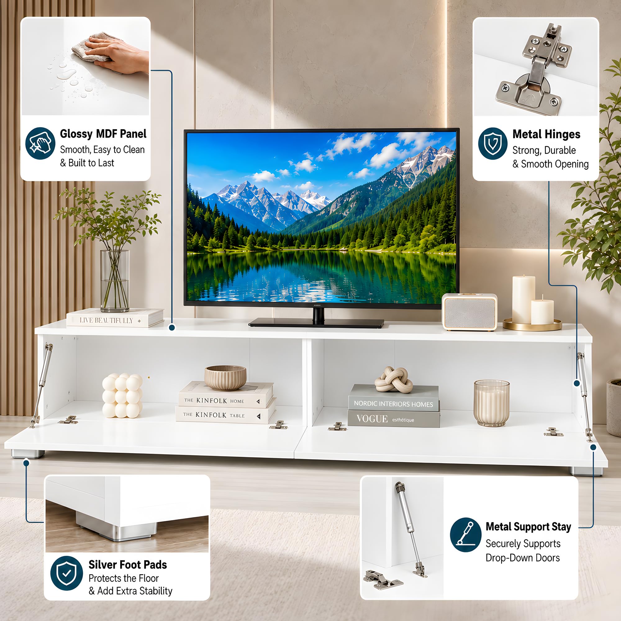 Mueble TV LED RGB 180 cm Blanco, suspendido o con Patas | Mueble TV LED RGB 180 cm con mando, 2 puertas abatibles, almacenaje cerrado y montaje en pared o con patas