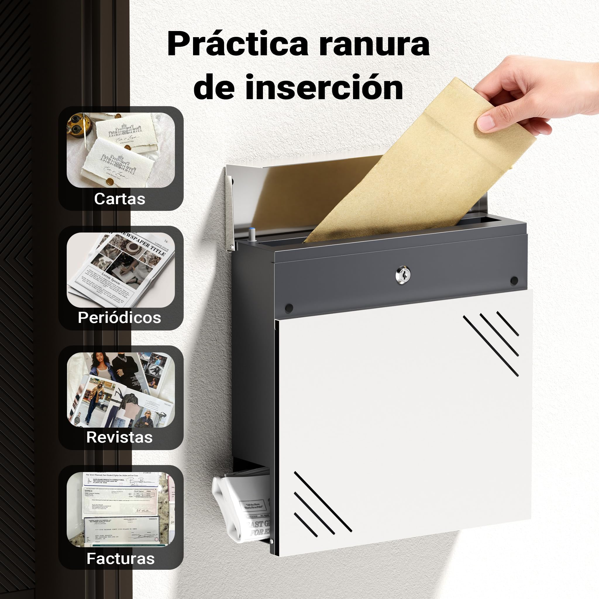 Wiltec Buzón de Pared V63 de Acero Inoxidable 37 x 11 x 37 cm, con Compartimento para periódicos y Llave