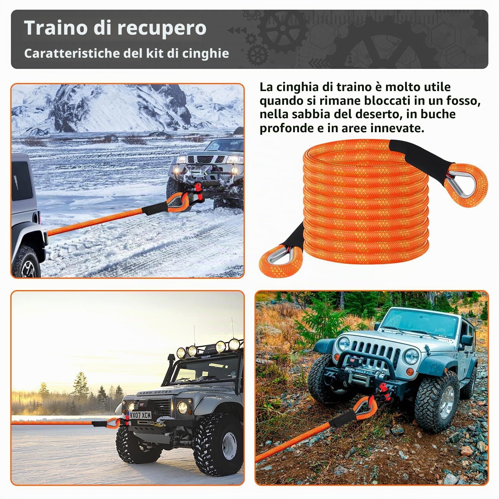 Longzhuo Cinghia di Traino Auto, 6M/10T 22000lbs Corda da Traino Fuoristrada, Cinghia da Traino con 2 Grillo di Sicurezza, Corda di Recupero di Emergenza Heavy Duty Car per Camion, UTV Tractor