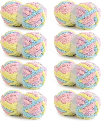 Vista 27 de HOMBYS Paquete de 8 hilos gruesos gigantes para tejer a ganchillo, hilo súper voluminoso, grande, suave y esponjoso, hilo de felpilla suave y difuso