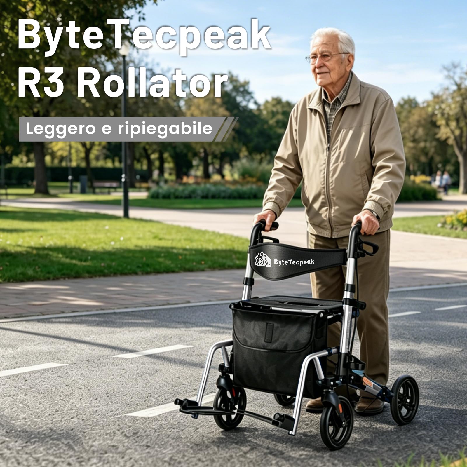 R3 Deambulatore leggero 2 in 1 e sedia a rotelle– Carrello pieghevole regolabile in altezza ed ergonomico, con funzione sedia a rotelle per interni ed esterni, con custodia (Argento)