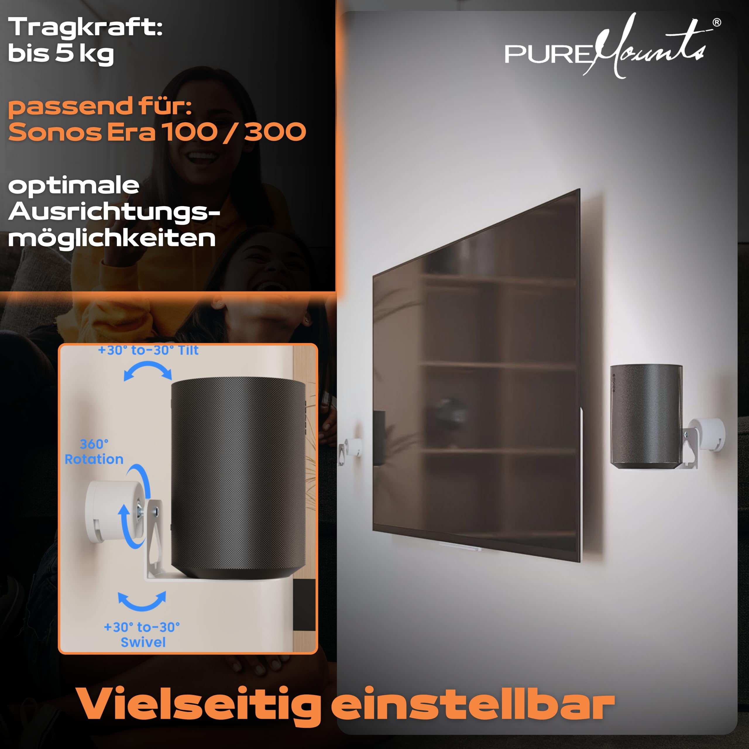 PureMounts Luidsprekerhouder voor Sonos Era 100 & 300, luidspreker-wandhouder met kabelmanagement, zwenkbaar /- 30°, kantelbaar 0/-30°, draagvermogen 5kg, wit