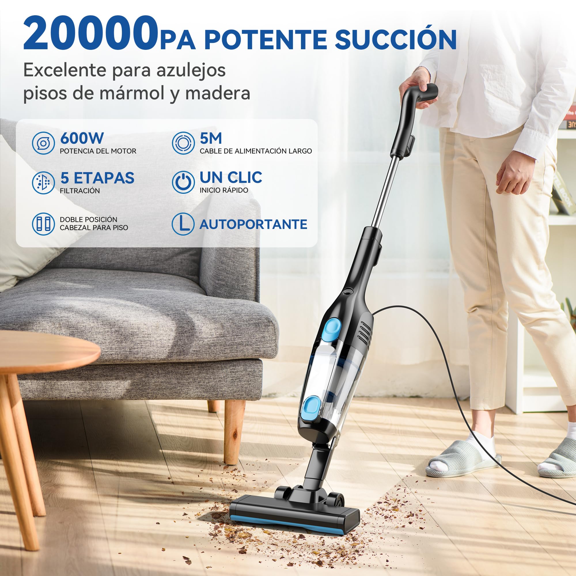 Aspiradora con Cable, Aspiradora Escoba con Cable Potente 20Kpa 600W, 3 en 1 Aspirador de Mano con 5m Cable, Aspirador Vertical Ligero Anti-Enredos para Alfombras de Pelo de Mascotas Pisos Duros