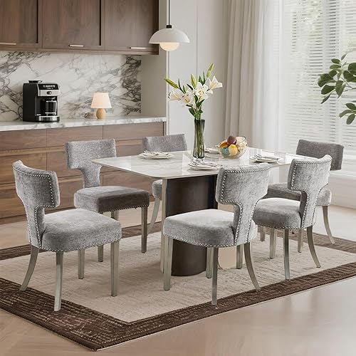 Miniatura 21 de SoarFlash Juego de 2 sillas de comedor modernas de madera, silla tapizada de tela de lino de granja, respaldo curvado con clavos de cobre alrededor,