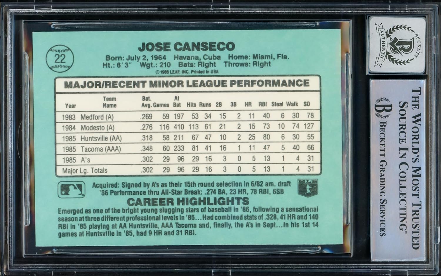 Jose Canseco Autographed 1986 D.o.n.r.u.s.s The Rookies Rookie Baseball Card #22 Auto Grade Gem Mint 10 "86 AL ROY" Beckett BAS Stock #216704