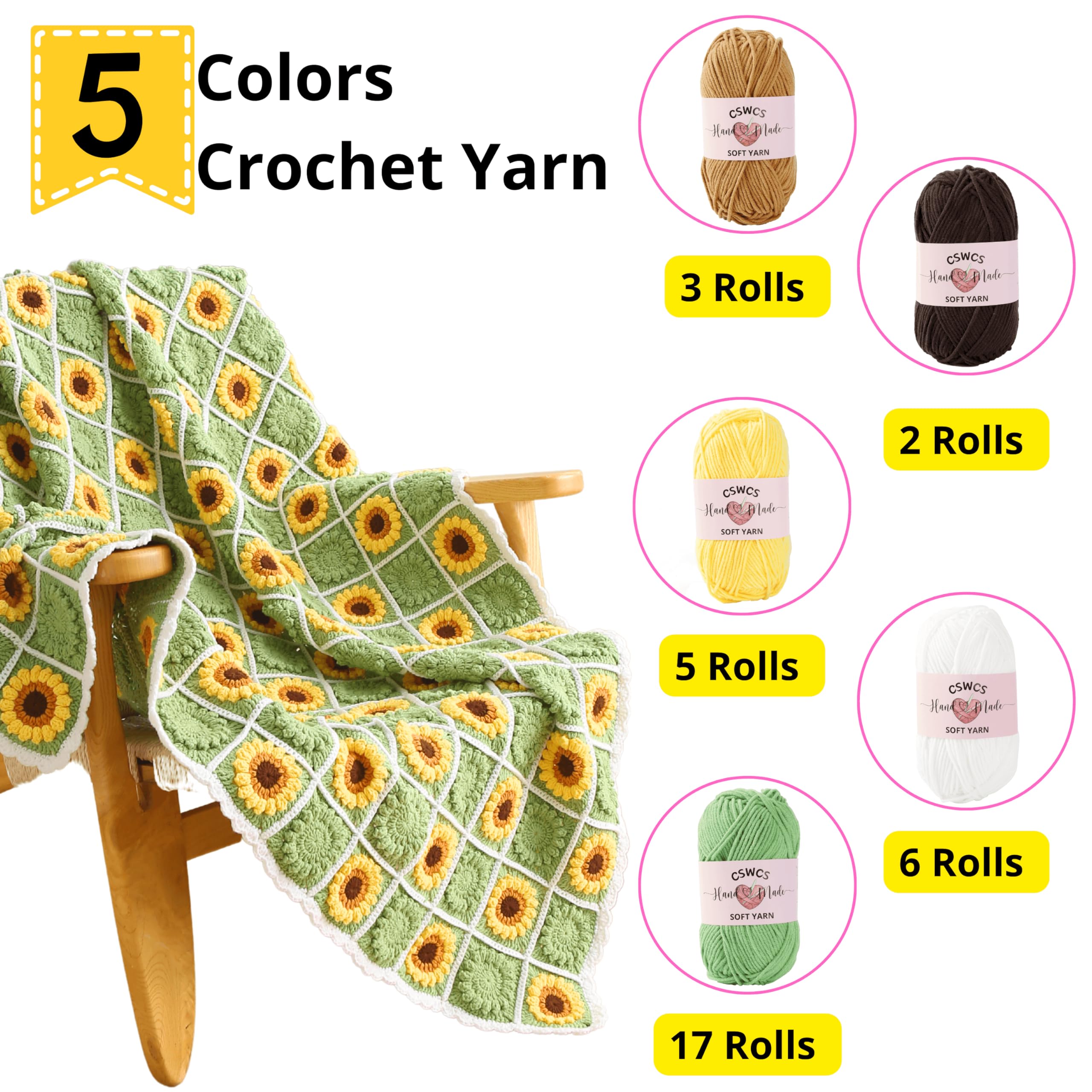 CSWCS Häkeldecken-Set für Anfänger, Sonnenblumen-Oma, quadratisches Häkeldecken-Set für Erwachsene, einfaches Stricken mit Garnzubehör, Buch und Video-Tutorials für Anfänger (119,4 x 99,1 cm)