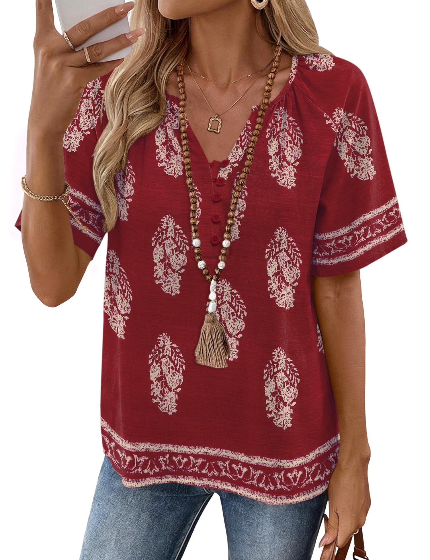 Rapbin Womens Summer Boho Tops Casual Short Sleeve Blouses Button Down Shirts 2026 Beach Vacation Clothes — view 19