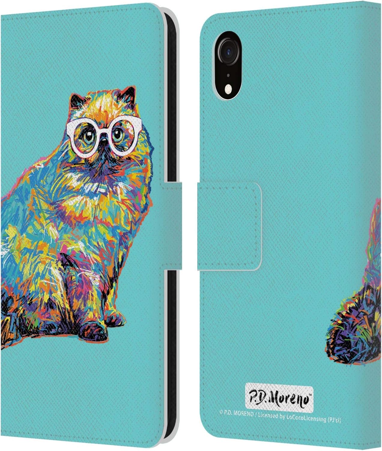 Head Case Designs Officially Licensed P.D. Moreno Multicolor Cat with Eyeglasses Cats Leather Wallet Case Compatible with Apple iPhone XR