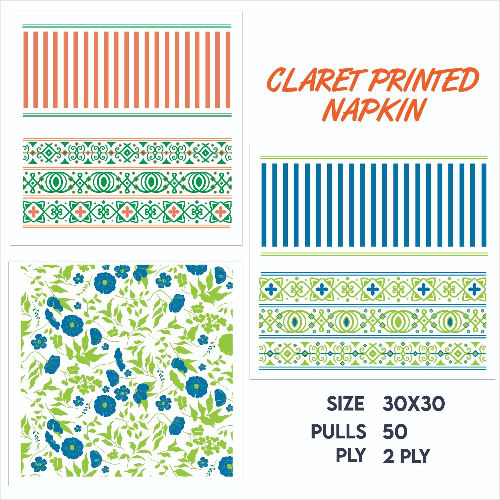 Claret 2-Ply Printed Table Napkins, Multi Design and Colors, 50 Sheets per Pack, 3 Packs, 30x30 cm - Soft, Absorbent, Napkins for Daily Use, Dining, Parties, Events and Special Occasions - Image 2 thumbnail