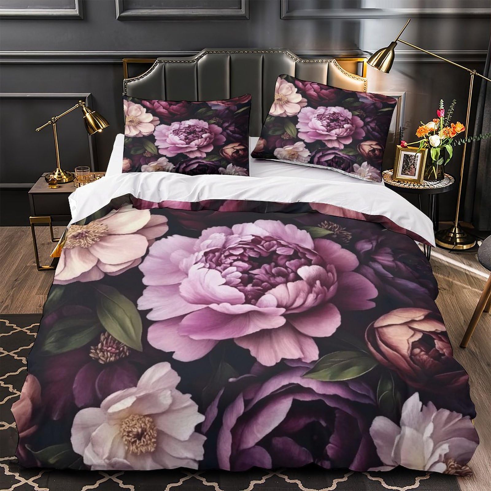 Parure de lit 140x200 pivoines avec housse de couette imprimée 3D