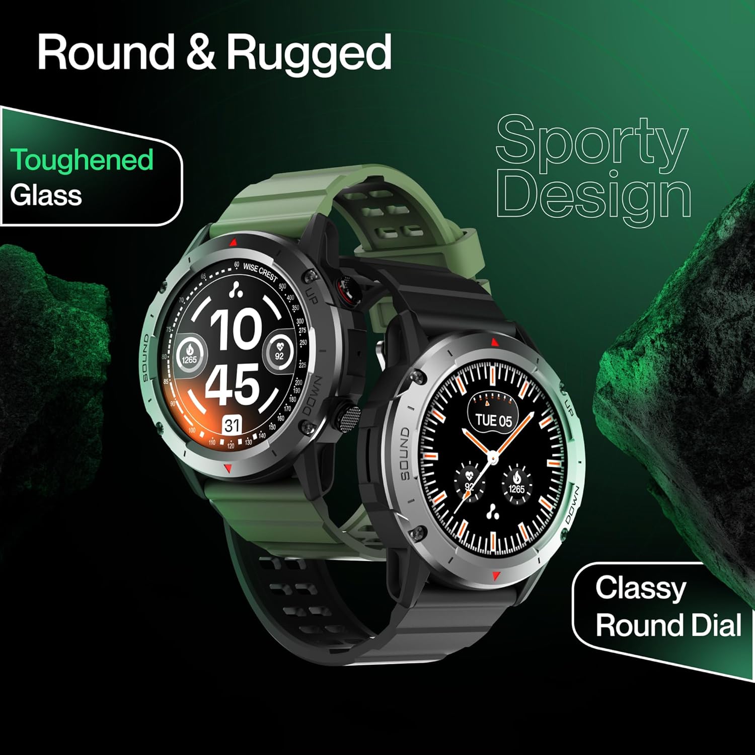 Ambrane Crest Smart Watch, showing round and rugged design