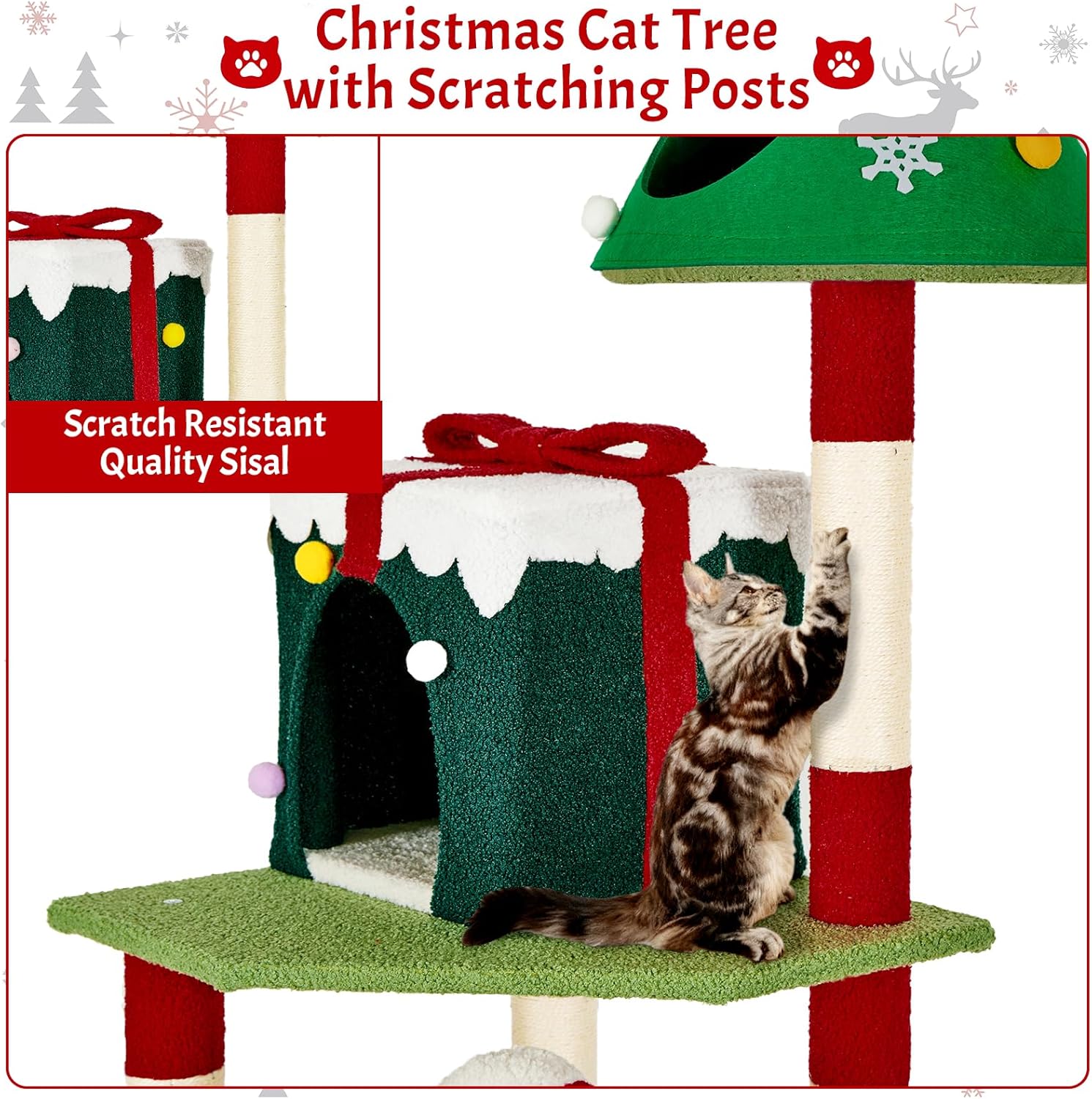Christmas Cat Tree Tower for Indoor Cats - 45In Multi-Level Cat Climbing Tower with Cat Condos, Xmas Tree Gift Box Shaped Condo Candy Cane Design Cute Cat Tree Tower Holiday Decoration