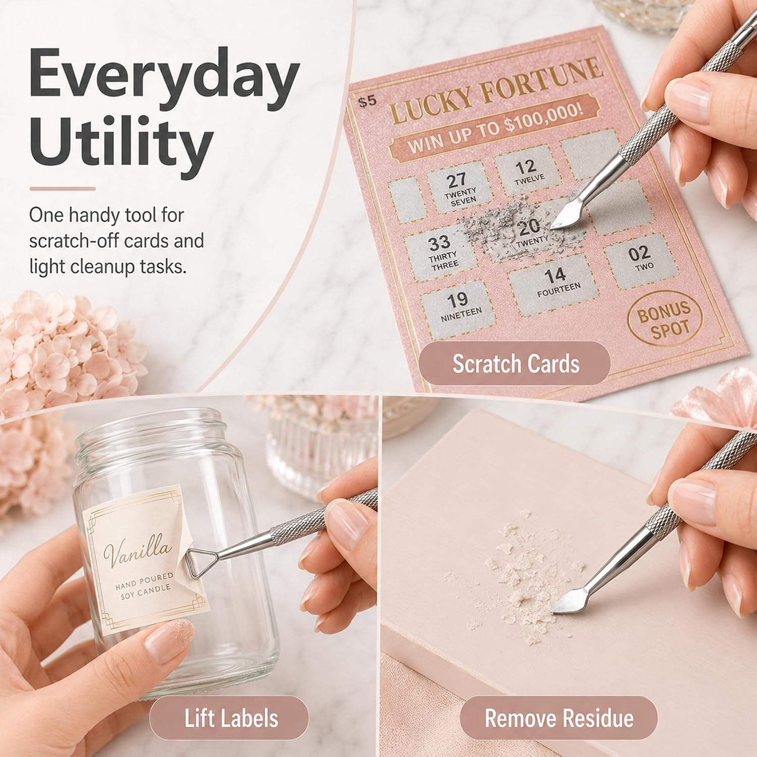 Dual Head Lottery Ticket Scratcher with Dust Brush, Scratch and Sweep Combo Safe for Barcodes, Mess-Free Scratch Off to Keep Hands and Desk Clean, Icebreaker Party Favors for Women, 6 Pcs Silver Set
