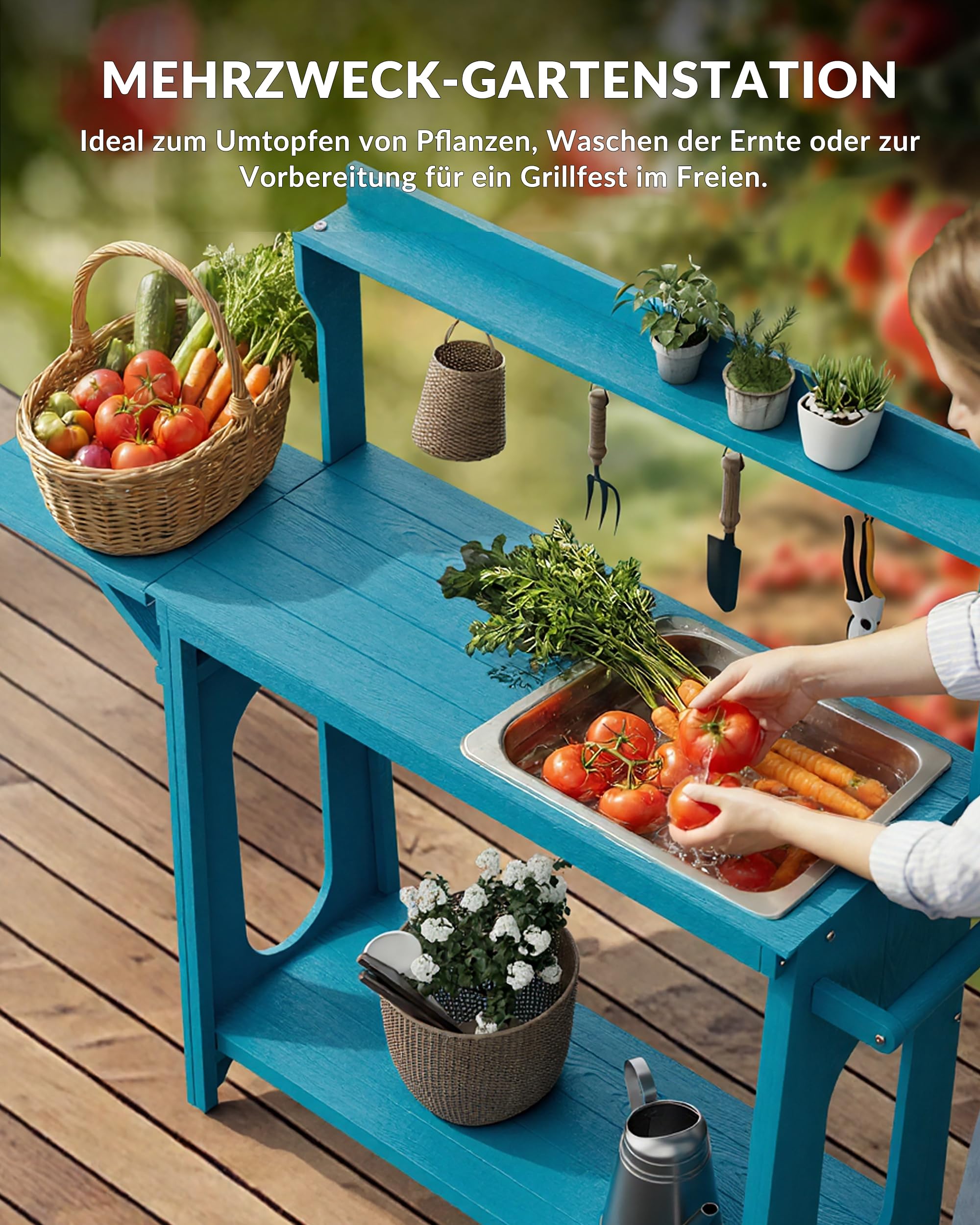 Pflanztisch Outdoor HIPS mit klappbarer Erweiterung, abnehmbarem Spülbecken, Gartentisch mit Ablagen & Werkzeughaken, wetterfest für Garten, Terrasse & Balkon, Blau