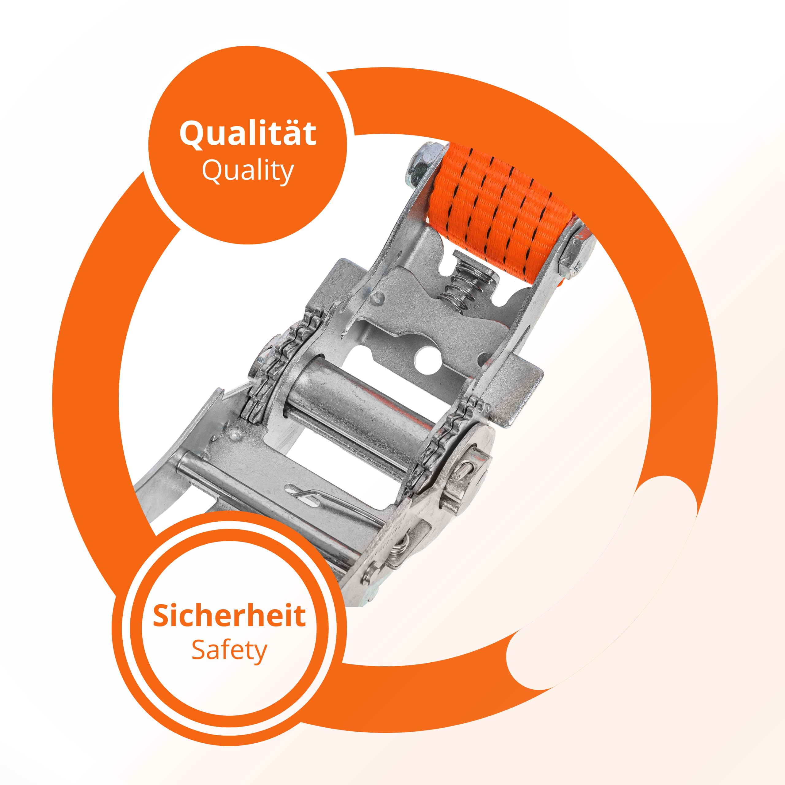 INTAKO Cinta de Trincaje con Tensor Ratchet Ergonómico - 50mm 5000KG 8M - Sistema de Amarre Completo para Camión - 2 Piezas de Cinchas de Amarre y 2 Protectores de Bordes (10m)