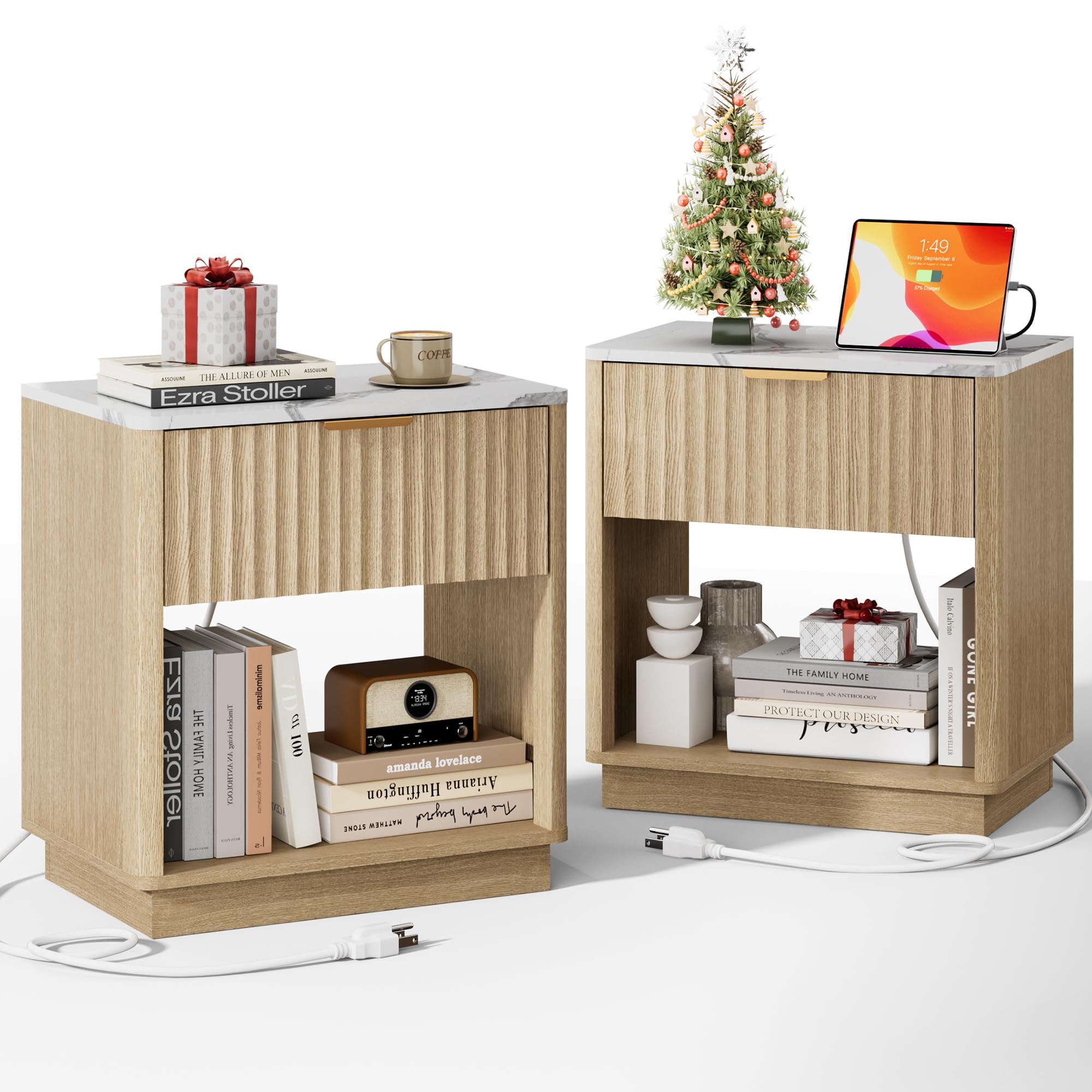 FavourLife Fluted Nightstand, Night Stand Set 2, 23" Wide Nightstands Set of 2 with Charging Station & Faux Marble Top, Modern End Table with Drawer,