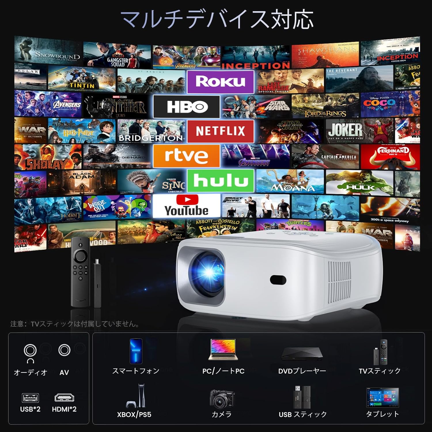 Projector connected to multiple devices like smartphone, laptop, game console