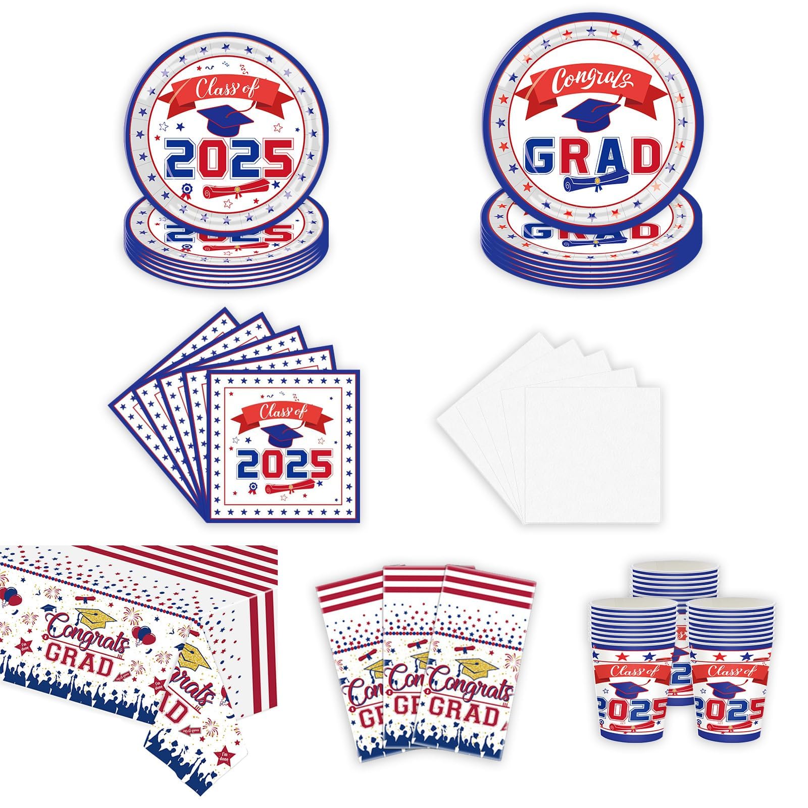 Heyigrow Graduation Party Disposable Supplies Paper Plates Napkins Cups Tablecloth Tableware 2025 Serve 25 for Celebration (White)