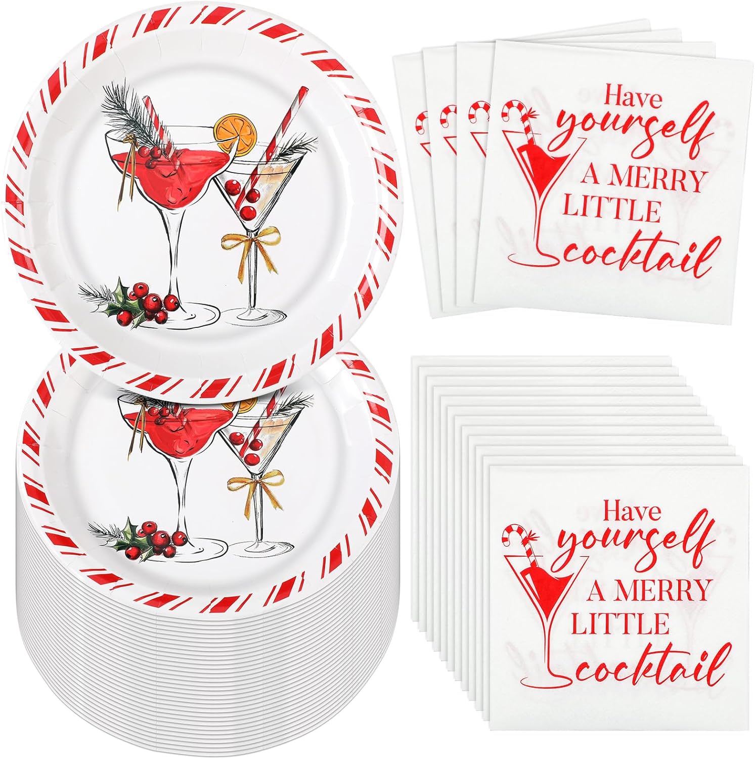 Havawish 150 Pieces Christmas Party Supplies Christmas Martini Paper Plates and Napkins Sets Have Yourself a Merry Little Cocktail Plates and Napkins for Xmas Winter Dinner Party Decorations