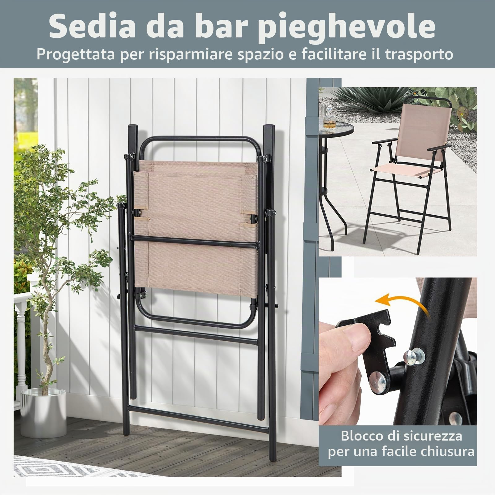 GIANTEX Set da Bistrò, Tavolo Alto Rotondo con Piano in Vetro e 2 Sedie Pieghevoli, Tessuto Traspirante, Set di Mobili per 2 Persone, per Balcone, Terrazza, Giardino (Senza Ombrellone)