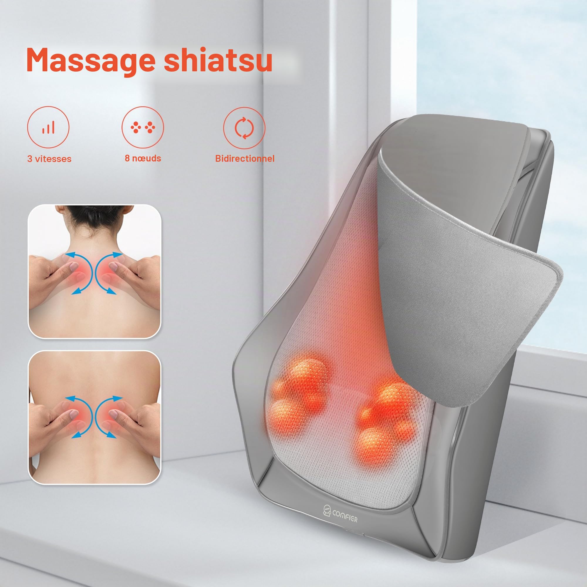 COMFIER Masseur Shiatsu pour le bas du dos pour la douleur, le cou et le dos avec chaleur, coussin de massage 4D pour femmes et hommes, masseur shiatsu des tissus profonds, cadeaux pour hommes