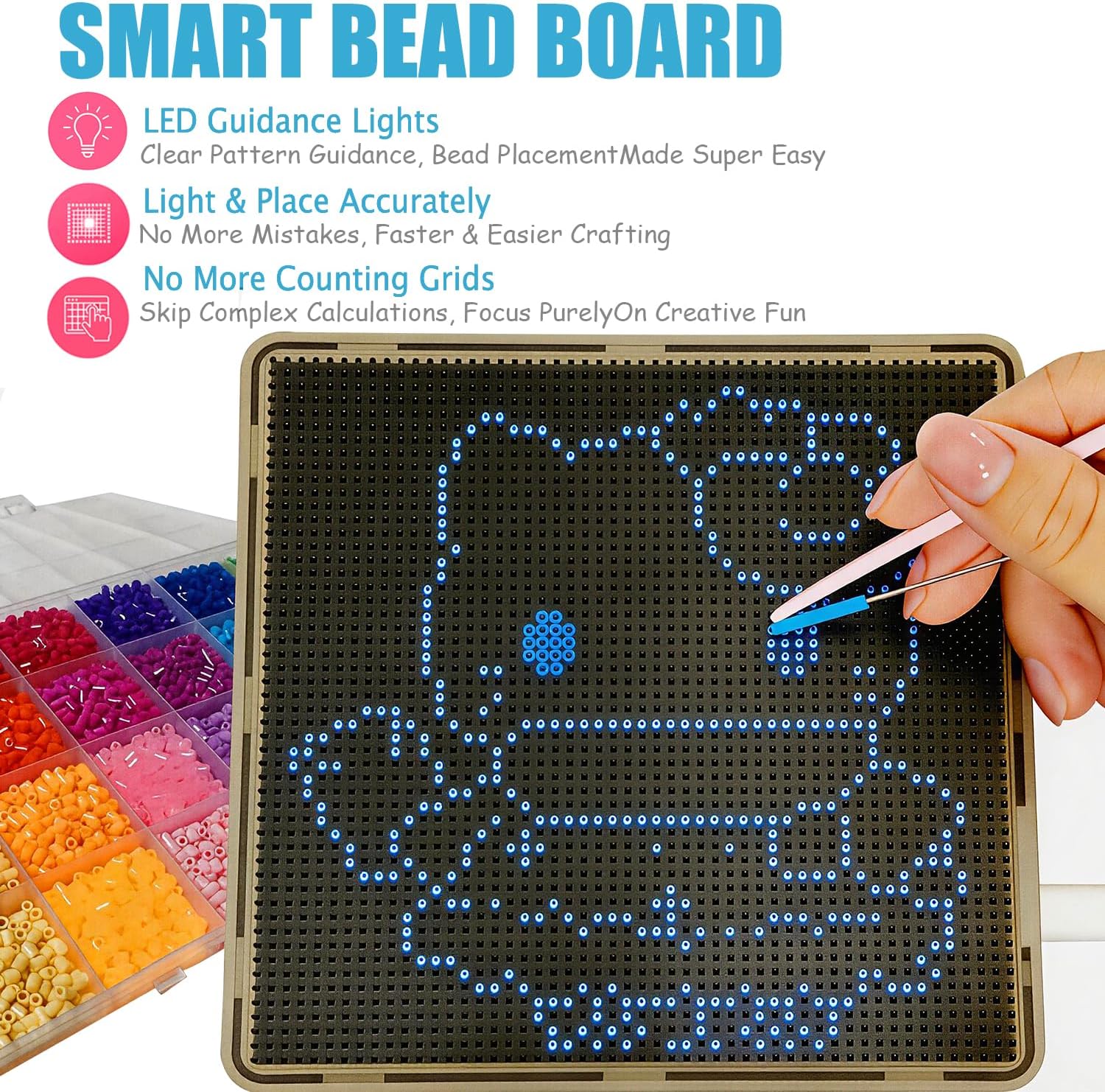 Smart LED Pixel Pegboard for Perler Beads – App-Guided Design & Photo-to-Pattern Mode for Kids and Adults (52 x 52 Pegs)