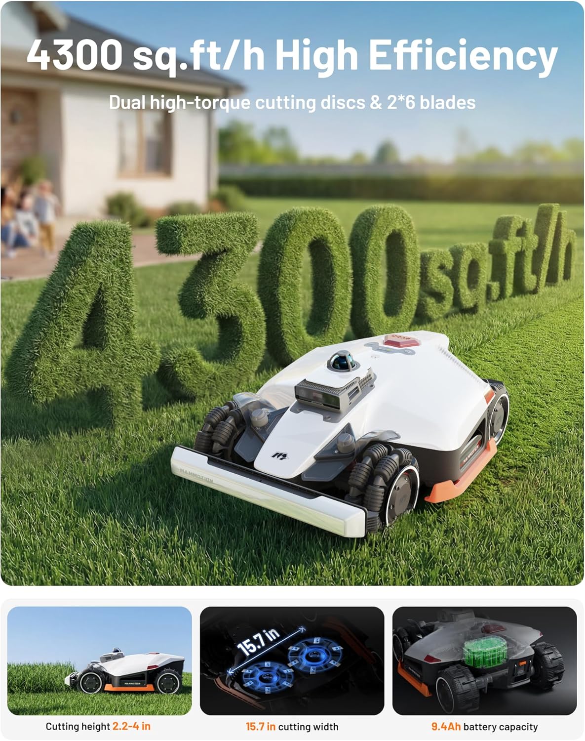 Mammotion LUBA 3 AWD 1500H Robot Lawn Mower for 0.37 Acre, 360° LiDAR+Dual-Camera AI Vision, All-Wheel-Drive for 80% Slopes, 15 Multi-Zone Management, Cutting Height 2.2"-4.0"